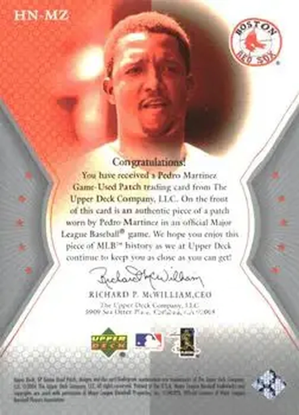 2004 SP Game Used Patch - HOF Numbers #HN-MZ - Pedro Martinez - Boston Red Sox - Back