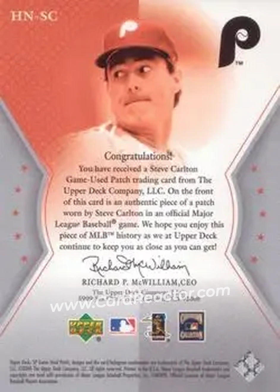 2004 SP Game Used Patch - HOF Numbers #HN-SC - Steve Carlton - Philadelphia Phillies - Back