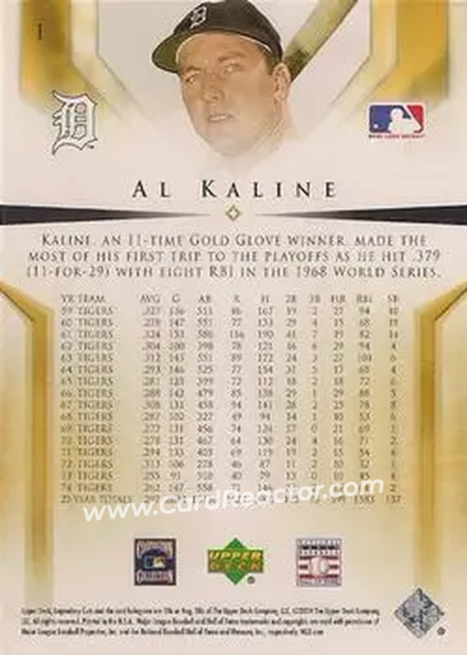 2004 SP Legendary Cuts #1 - Al Kaline - Detroit Tigers - Back