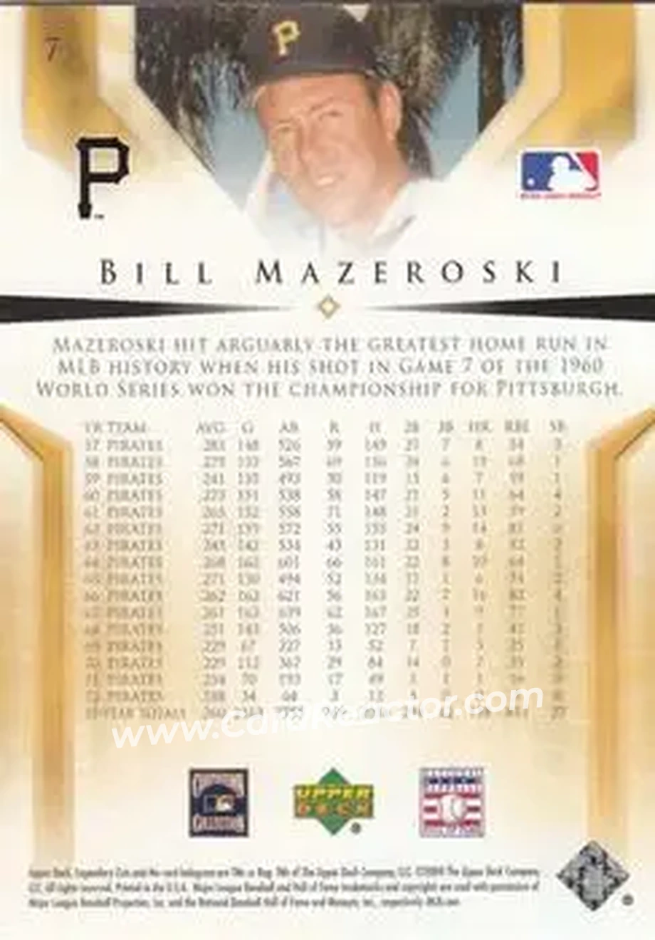 2004 SP Legendary Cuts #7 - Bill Mazeroski - Pittsburgh Pirates - Back