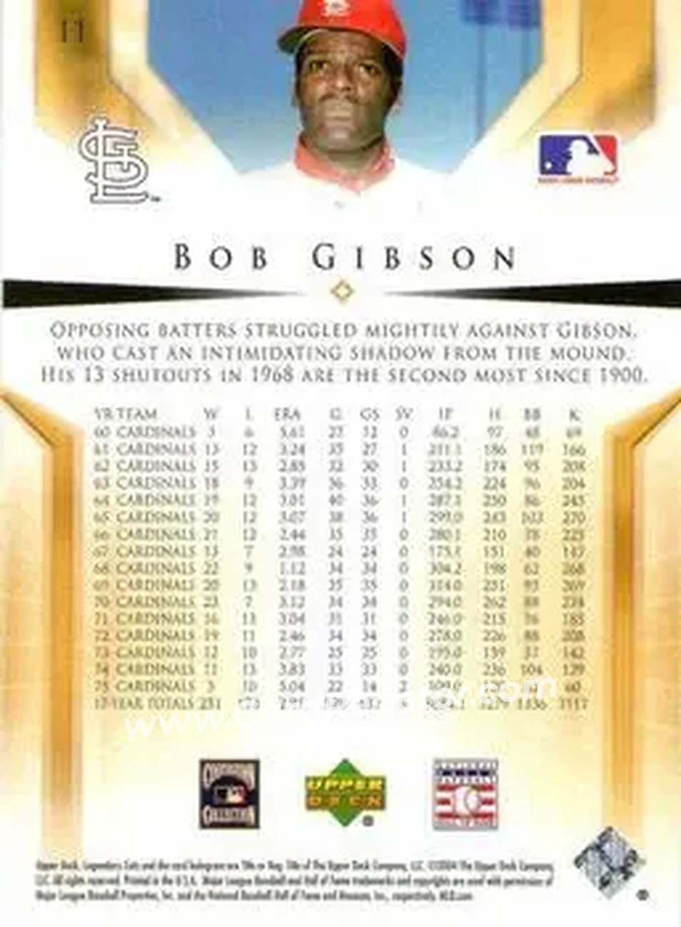 2004 SP Legendary Cuts #11 - Bob Gibson - St. Louis Cardinals - Back