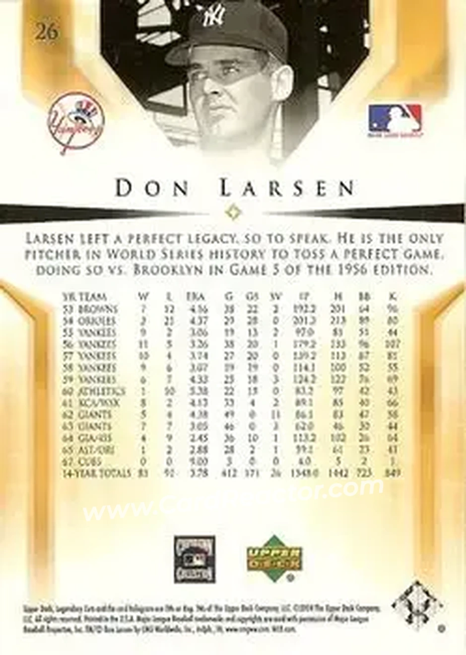 2004 SP Legendary Cuts #26 - Don Larsen - New York Yankees - Back