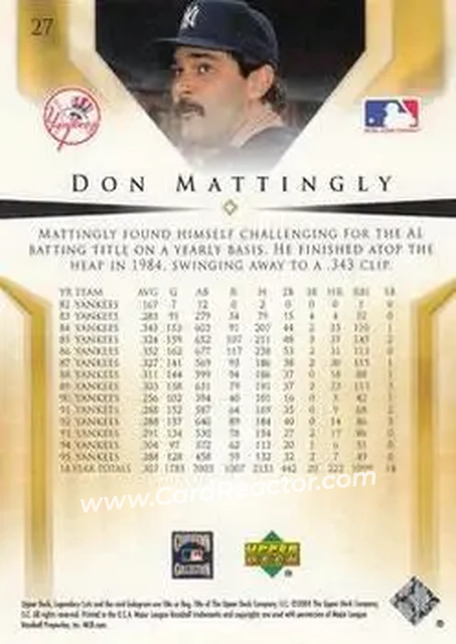 2004 SP Legendary Cuts #27 - Don Mattingly - New York Yankees - Back