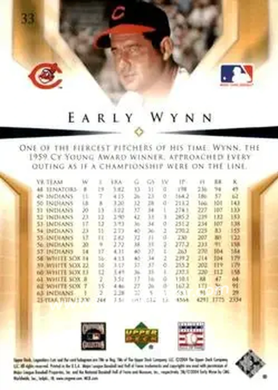 2004 SP Legendary Cuts #33 - Early Wynn - Cleveland Indians - Back