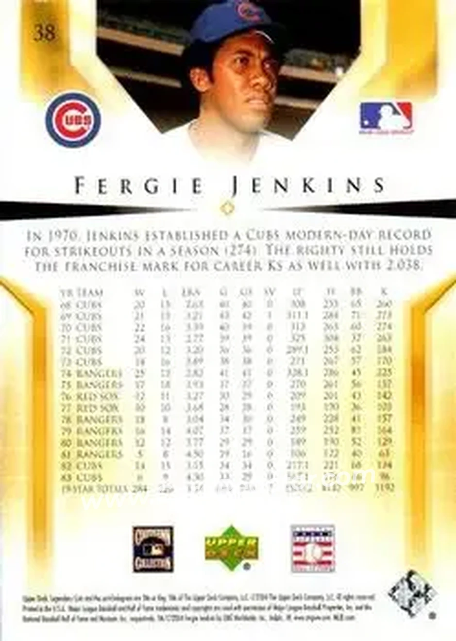 2004 SP Legendary Cuts #38 - Ferguson Jenkins - Chicago Cubs - Back