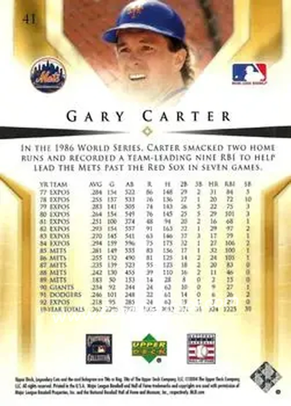 2004 SP Legendary Cuts #41 - Gary Carter - New York Mets - Back