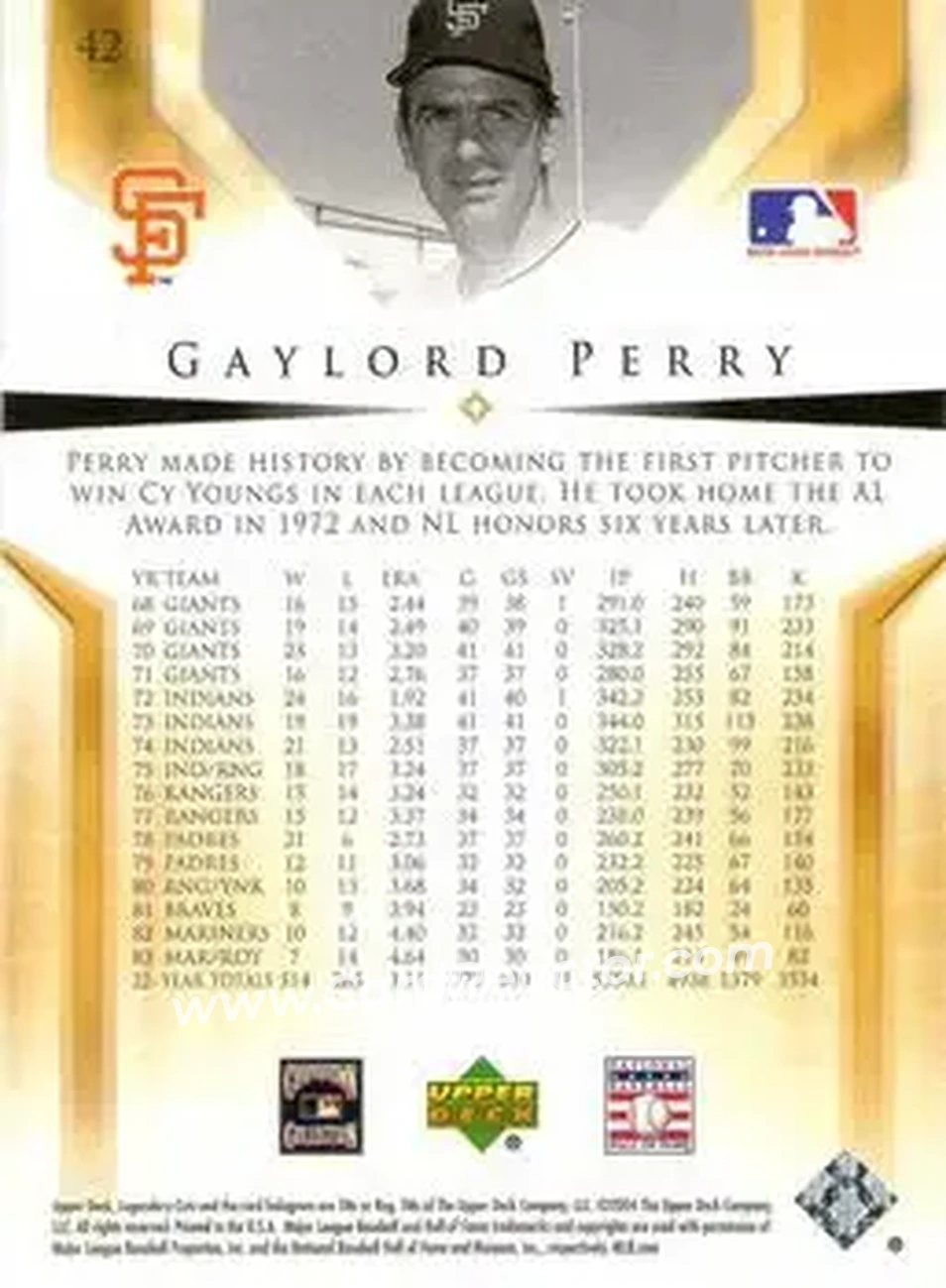 2004 SP Legendary Cuts #42 - Gaylord Perry - San Francisco Giants - Back