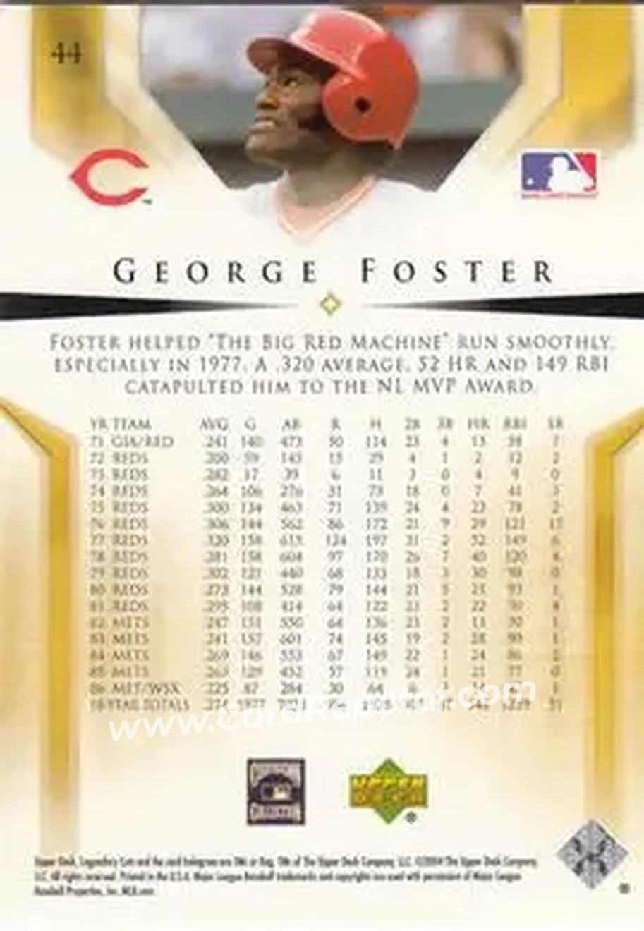 2004 SP Legendary Cuts #44 - George Foster - Cincinnati Reds - Back