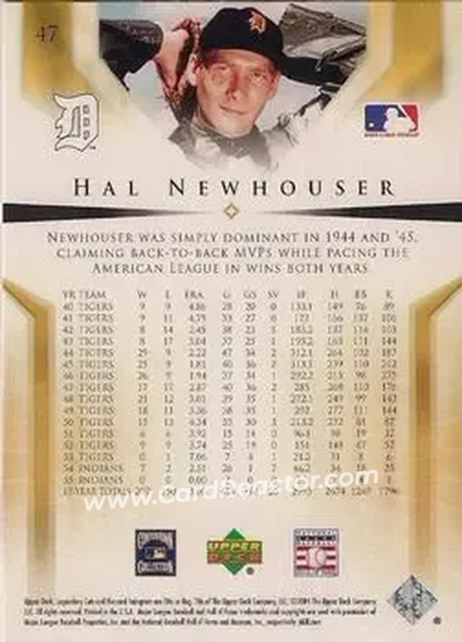 2004 SP Legendary Cuts #47 - Hal Newhouser - Detroit Tigers - Back