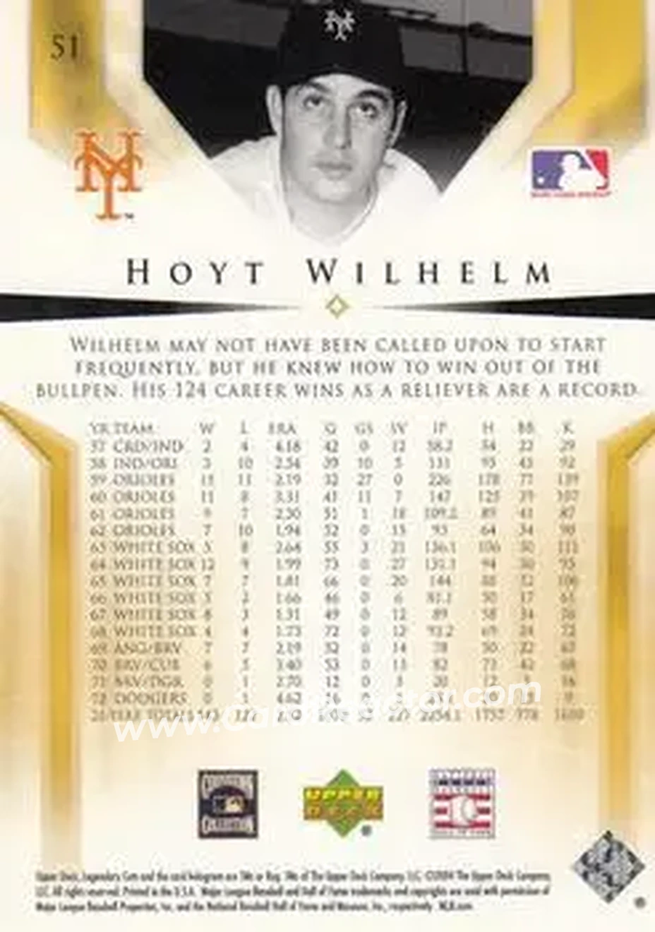 2004 SP Legendary Cuts #51 - Hoyt Wilhelm - New York Giants - Back