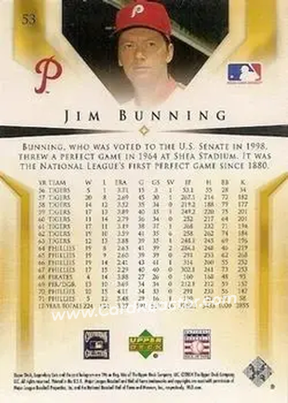2004 SP Legendary Cuts #53 - Jim Bunning - Philadelphia Phillies - Back