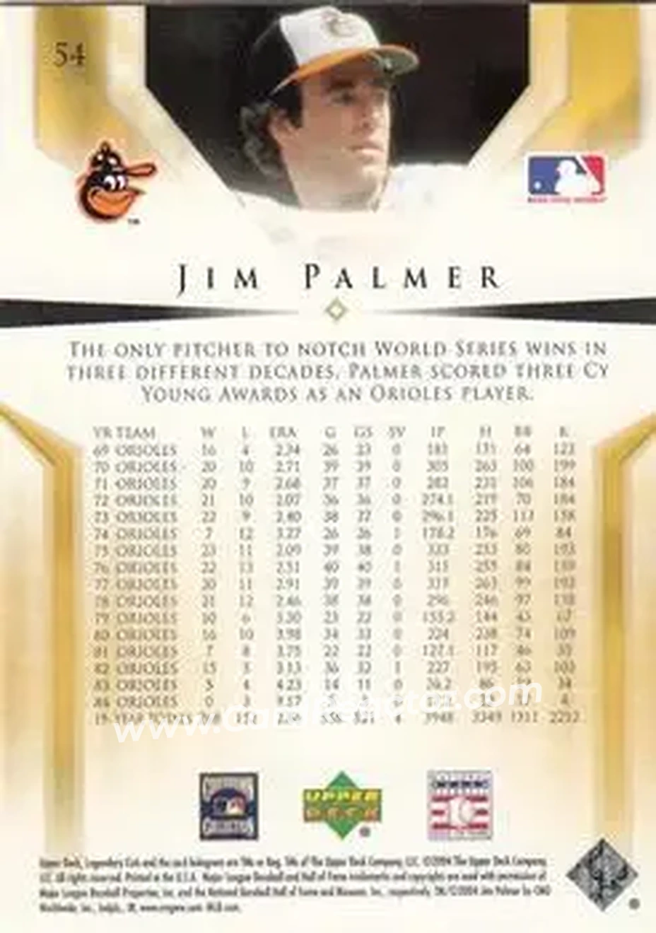 2004 SP Legendary Cuts #54 - Jim Palmer - Baltimore Orioles - Back