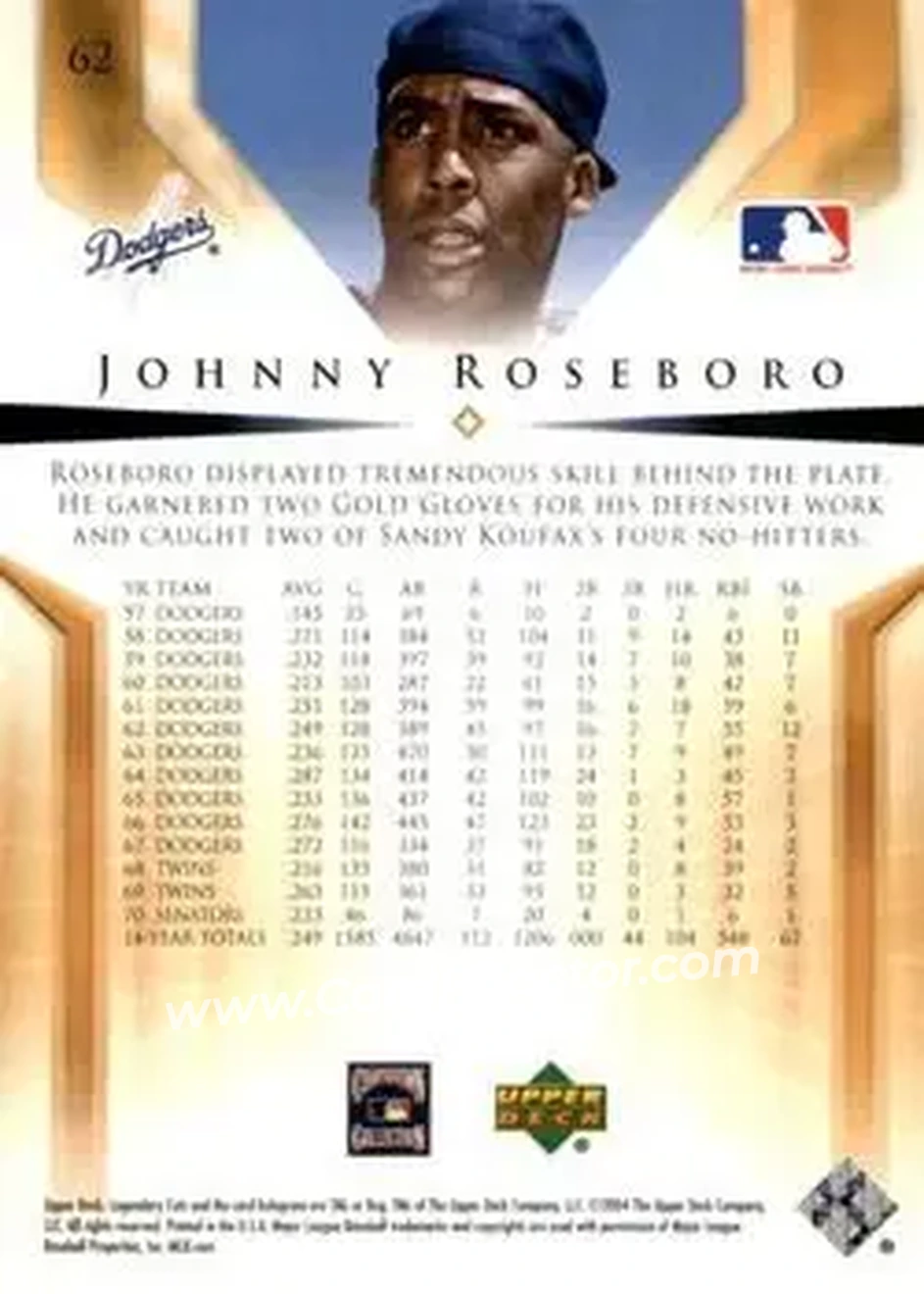 2004 SP Legendary Cuts #62 - John Roseboro - Los Angeles Dodgers - Back 2004 SP Legendary Cuts #62 - John Roseboro - Los Angeles Dodgers - Back
