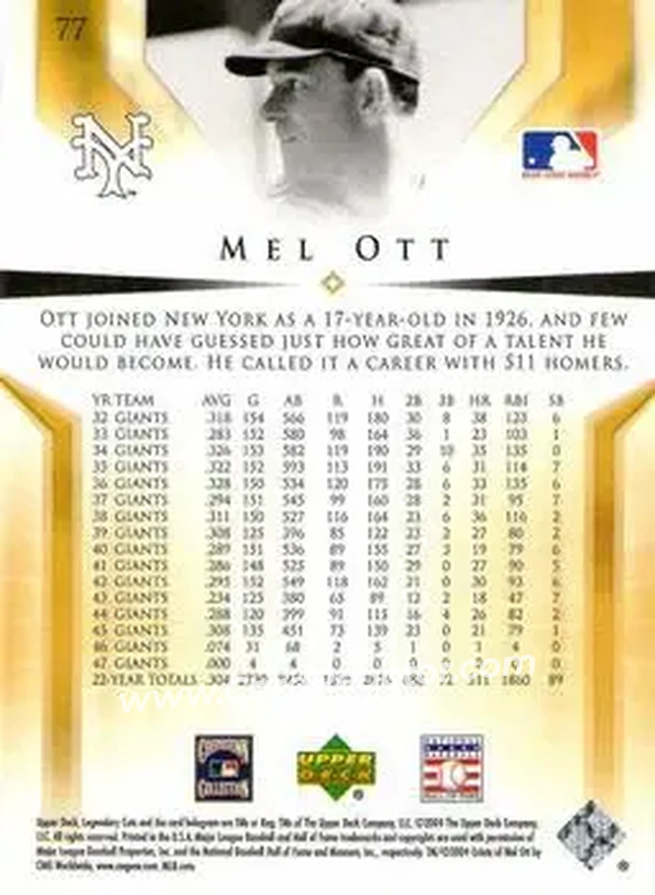 2004 SP Legendary Cuts #77 - Mel Ott - New York Giants - Back