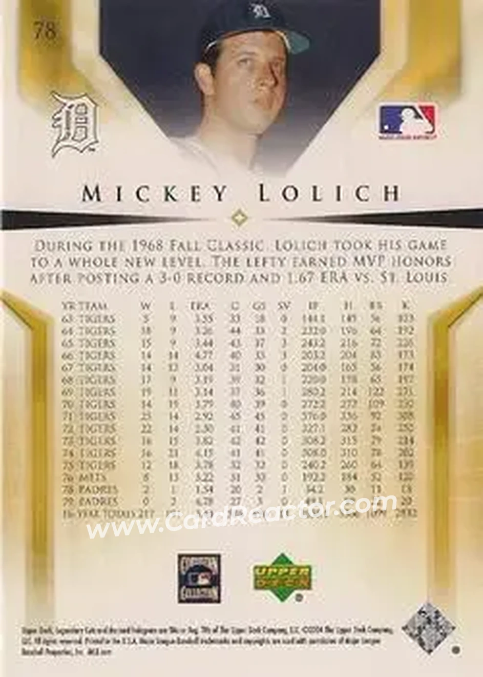 2004 SP Legendary Cuts #78 - Mickey Lolich - Detroit Tigers - Back