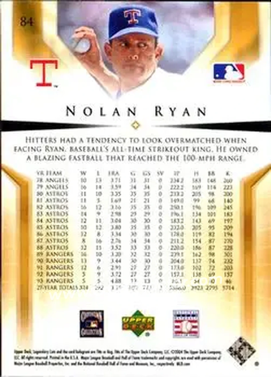2004 SP Legendary Cuts #84 - Nolan Ryan - Texas Rangers - Back