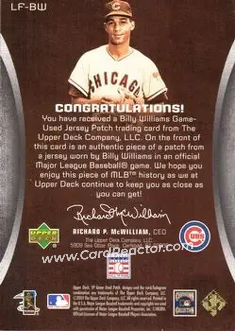 2004 SP Game Used Patch - Legendary Fabrics #LF-BW - Billy Williams - Chicago Cubs - Back