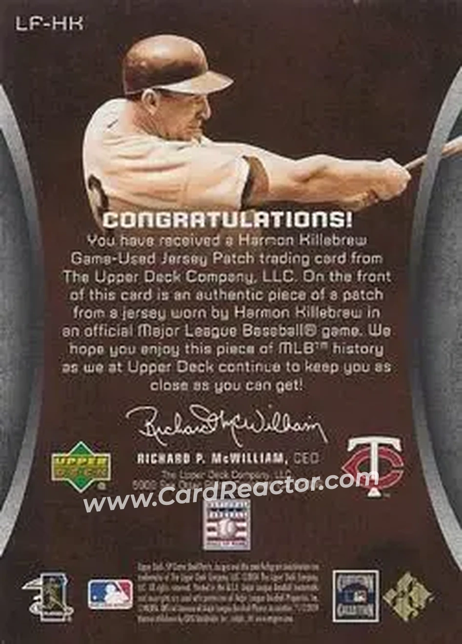 2004 SP Game Used Patch - Legendary Fabrics #LF-HK - Harmon Killebrew - Minnesota Twins - Back