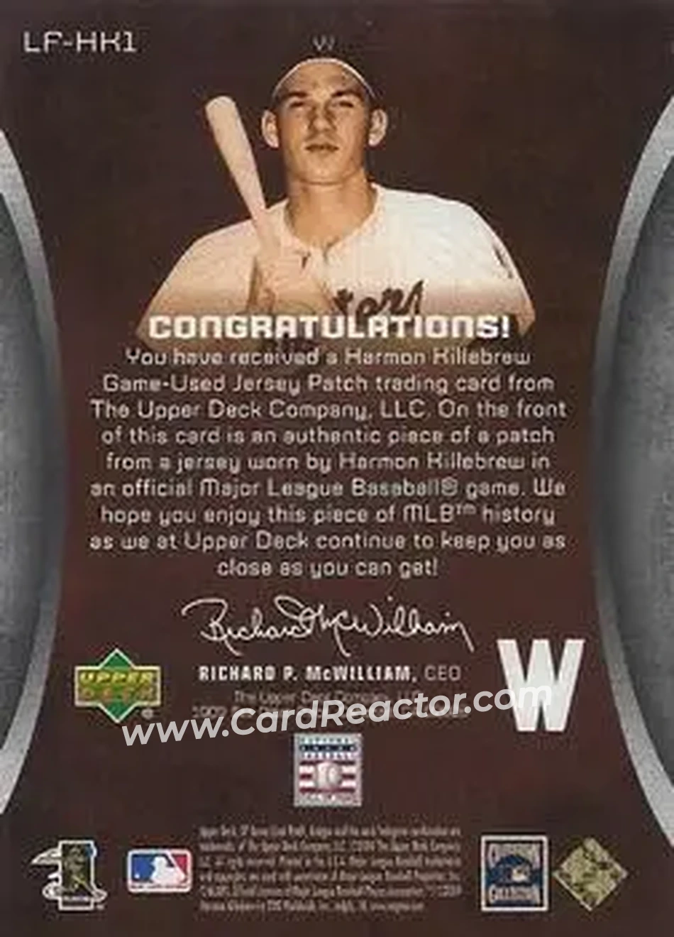 2004 SP Game Used Patch - Legendary Fabrics #LF-HK1 - Harmon Killebrew - Washington Senators - Back