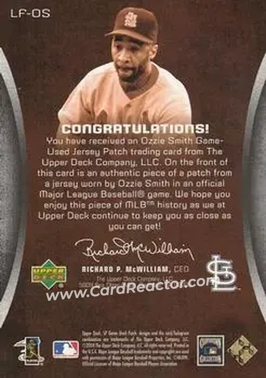 2004 SP Game Used Patch - Legendary Fabrics #LF-OS - Ozzie Smith - St. Louis Cardinals - Back