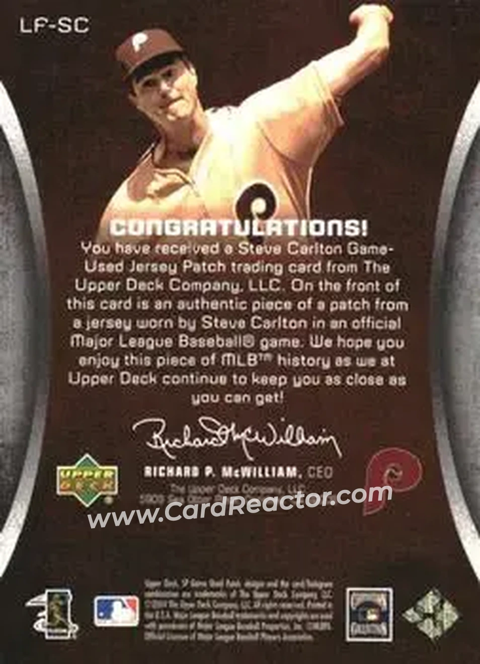 2004 SP Game Used Patch - Legendary Fabrics #LF-SC - Steve Carlton - Philadelphia Phillies - Back