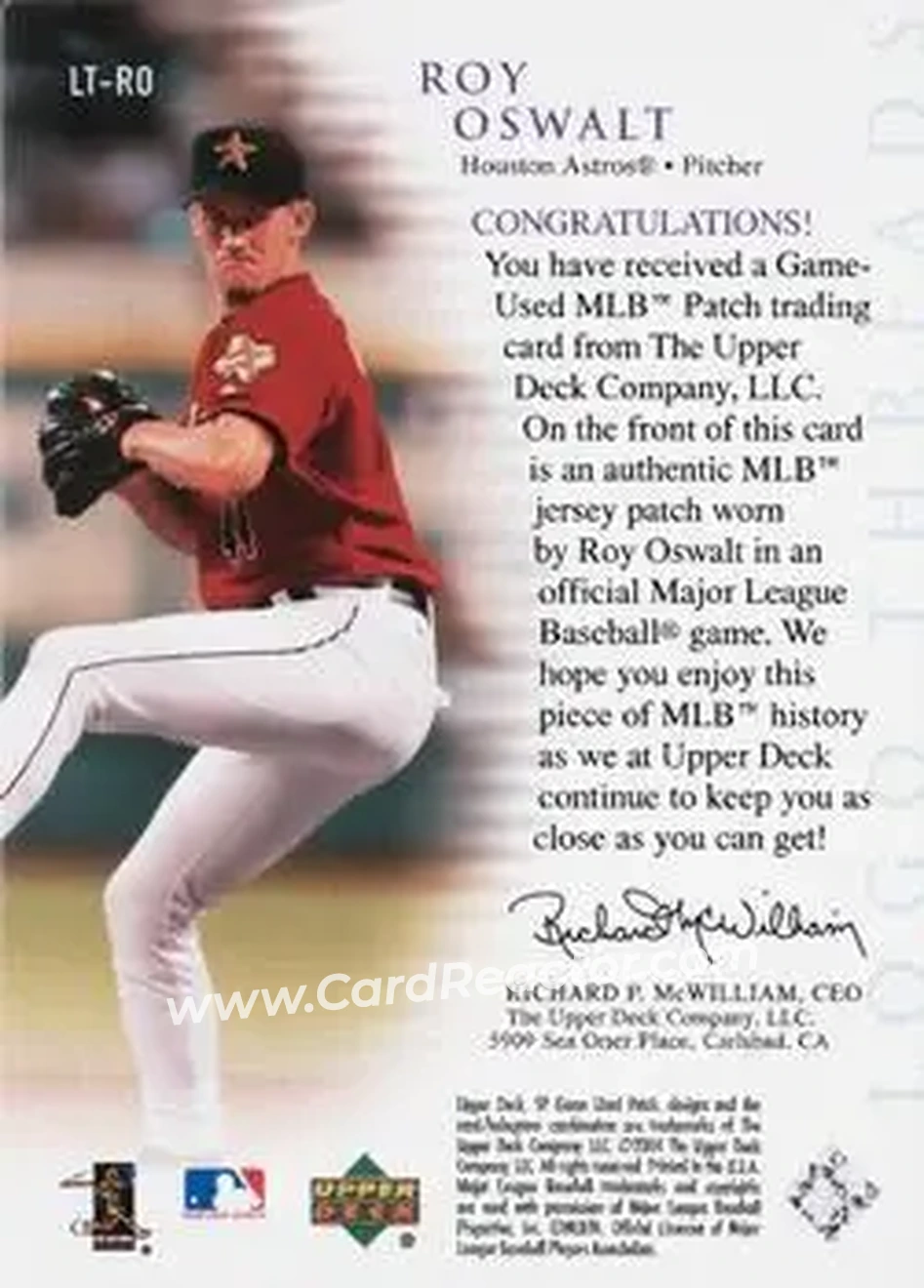 2004 SP Game Used Patch - Logo Threads #LT-RO - Roy Oswalt - Houston Astros - Back