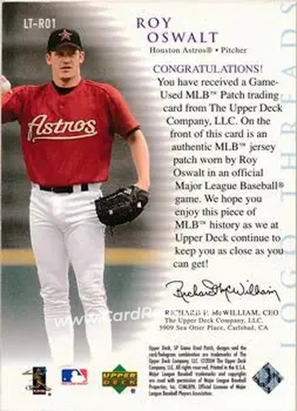 2004 SP Game Used Patch - Logo Threads #LT-RO1 - Roy Oswalt - Houston Astros - Back
