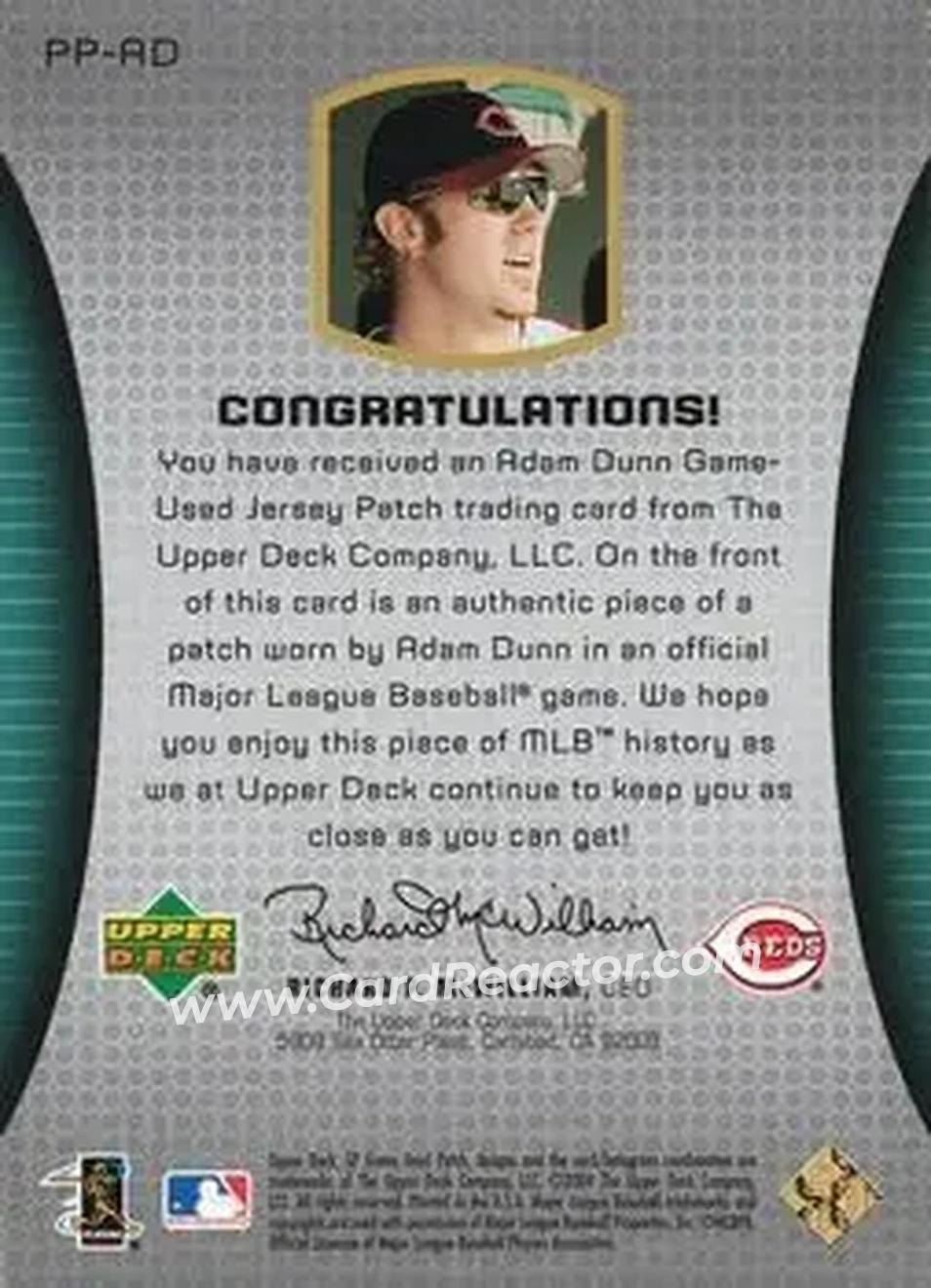 2004 SP Game Used Patch - Premium Patches #AD - Adam Dunn - Cincinnati Reds - Back