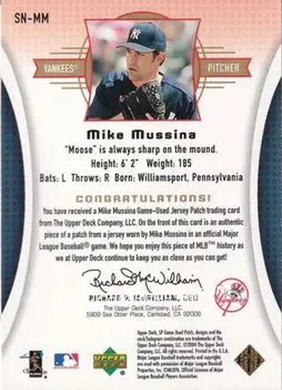 2004 SP Game Used Patch - Significant Numbers #SN-MM - Mike Mussina - New York Yankees - Back