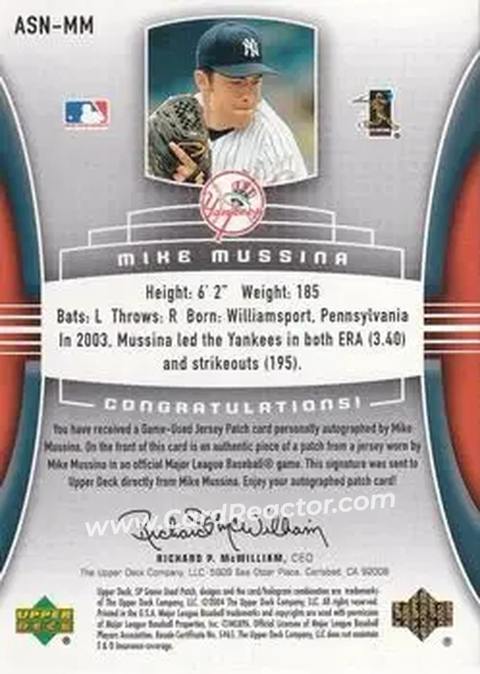 2004 SP Game Used Patch - Significant Numbers Autograph #ASN-MM - Mike Mussina - New York Yankees - Back