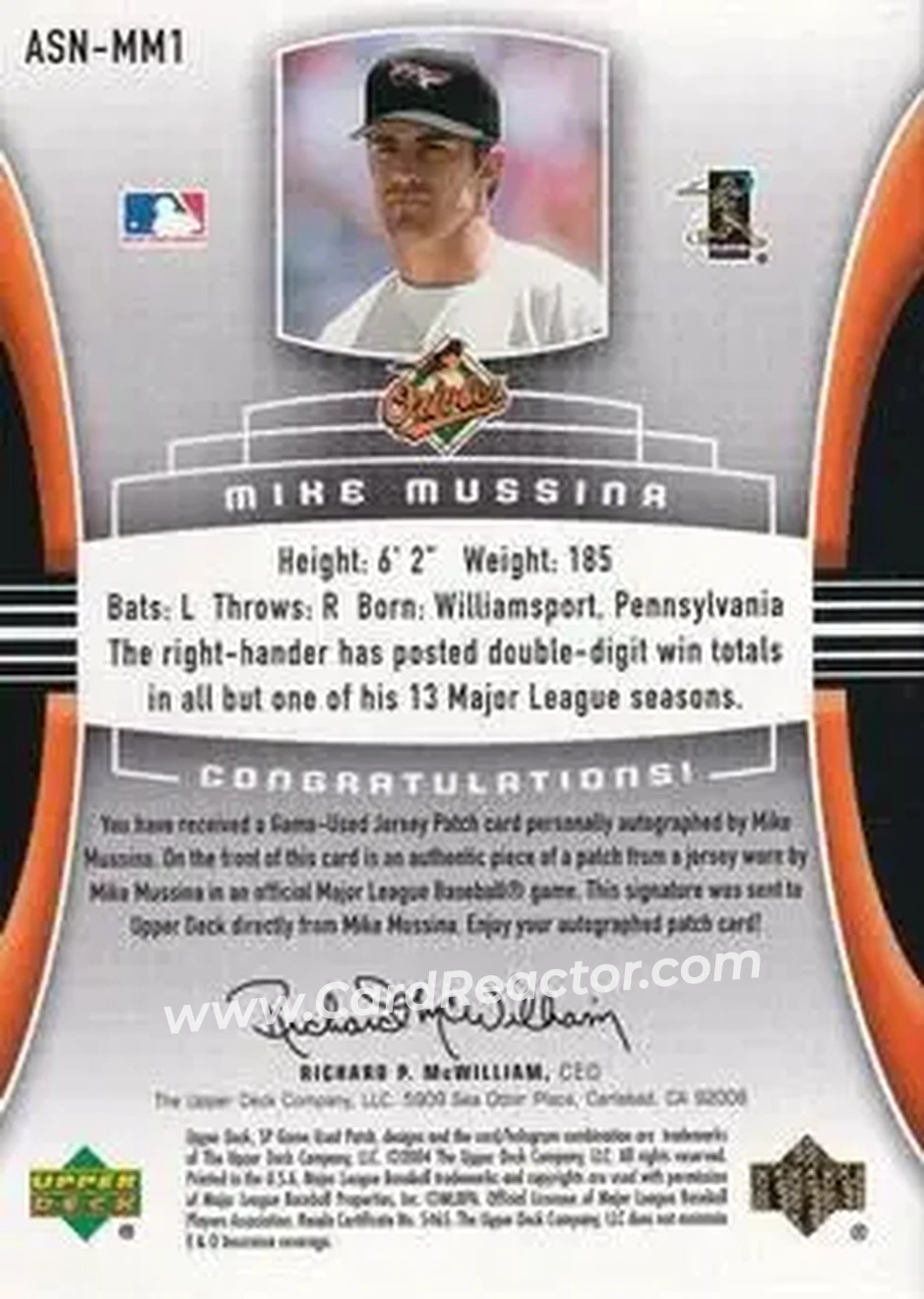 2004 SP Game Used Patch - Significant Numbers Autograph #ASN-MM1 - Mike Mussina - Baltimore Orioles - Back