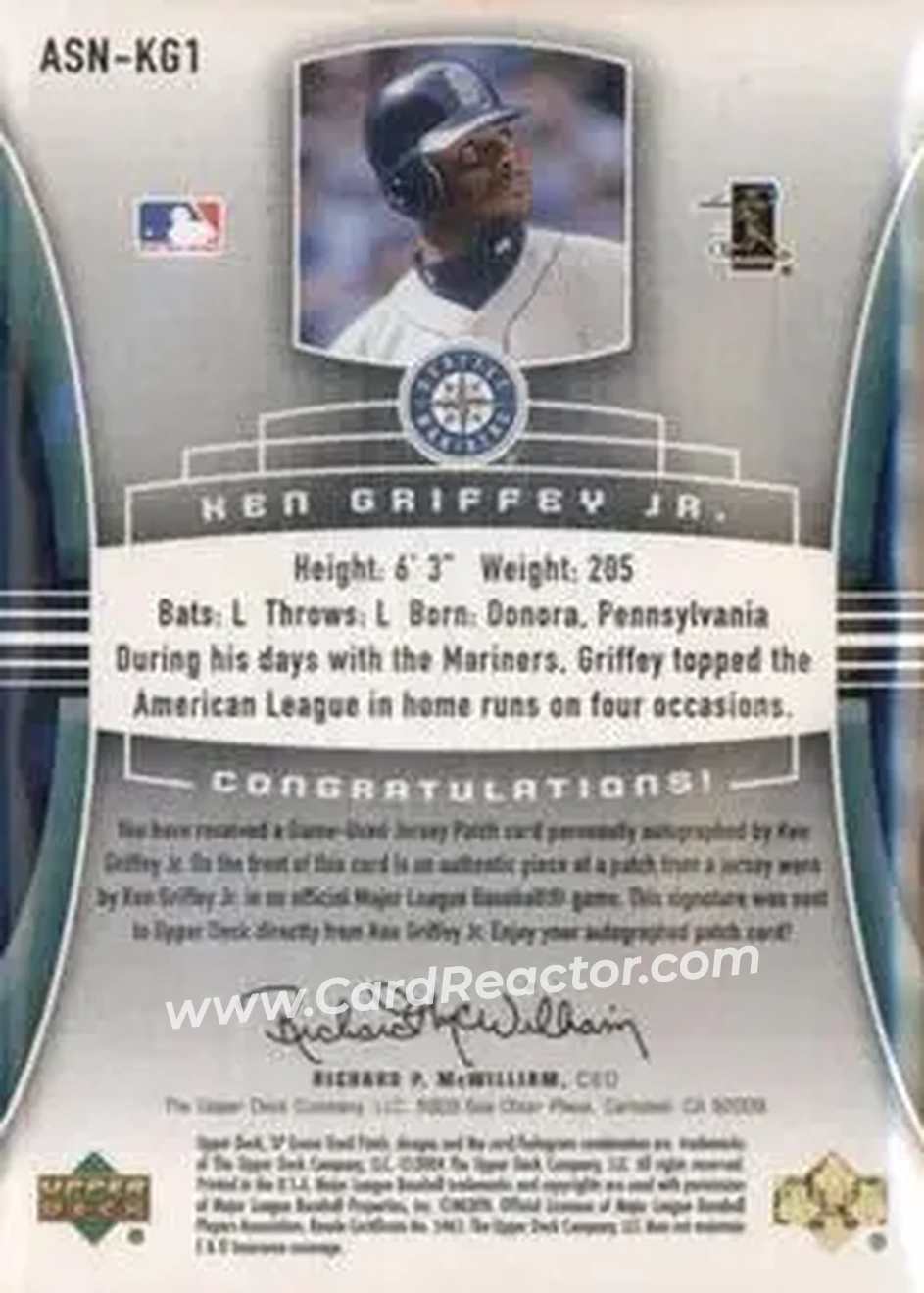 2004 SP Game Used Patch - Significant Numbers Autograph #KG1 - Ken Griffey Jr. - Seattle Mariners - Back
