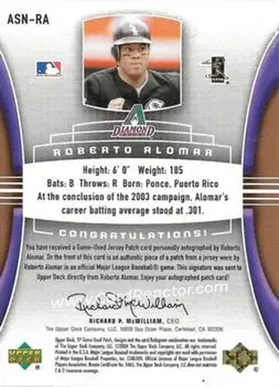 2004 SP Game Used Patch - Significant Numbers Autograph #RA - Roberto Alomar - Arizona Diamondbacks - Back 2004 SP Game Used Patch - Significant Numbers Autograph #RA - Roberto Alomar - Arizona Diamondbacks - Back