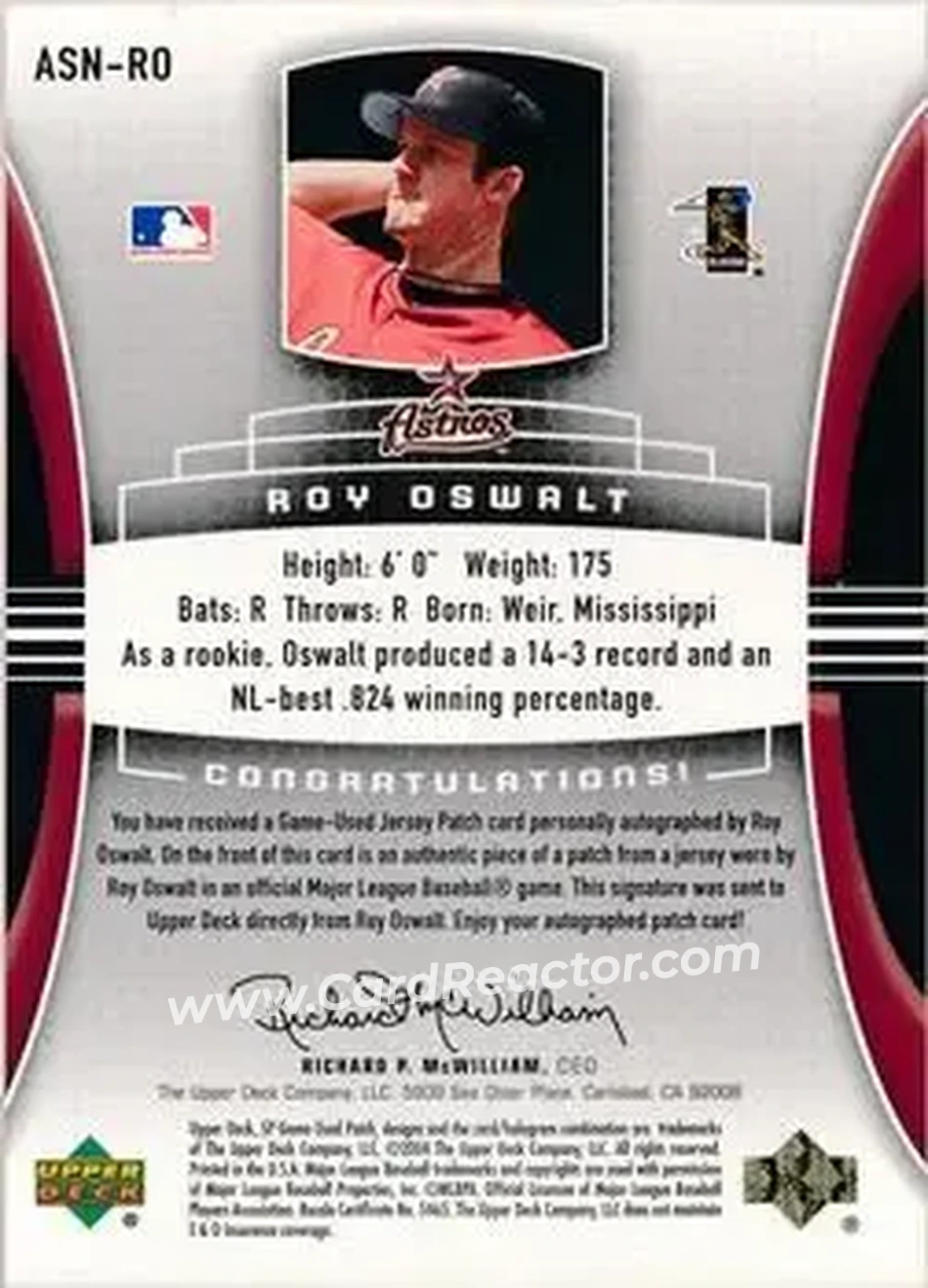 2004 SP Game Used Patch - Significant Numbers Autograph #RO - Roy Oswalt - Houston Astros - Back