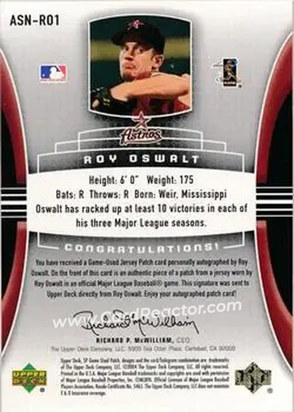 2004 SP Game Used Patch - Significant Numbers Autograph #RO1 - Roy Oswalt - Houston Astros - Back