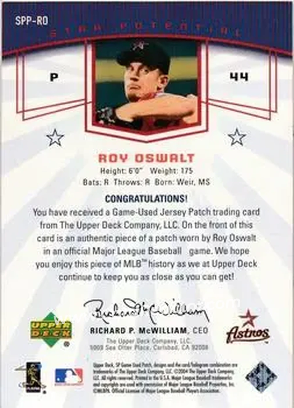 2004 SP Game Used Patch - Star Potential #RO - Roy Oswalt - Houston Astros - Back