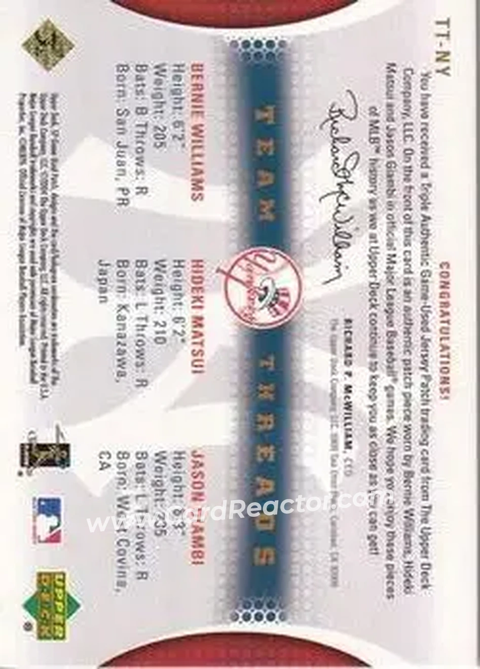 2004 SP Game Used Patch - Team Threads Triple #NY - Bernie Williams - Hideki Matsui - Jason Giambi - New York Yankees - Back