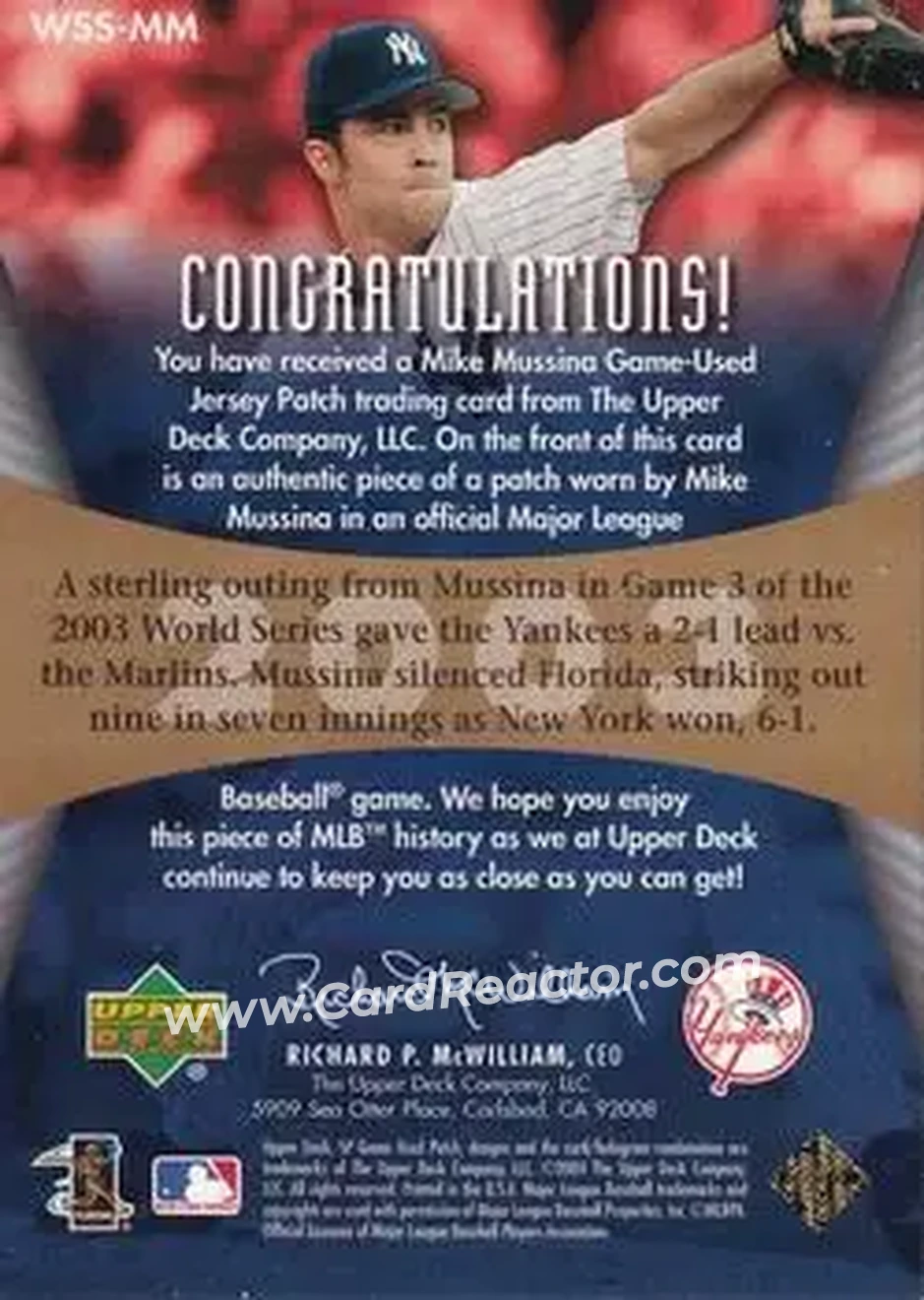 2004 SP Game Used Patch - World Series Stars #WSS-MM - Mike Mussina - New York Yankees - Back