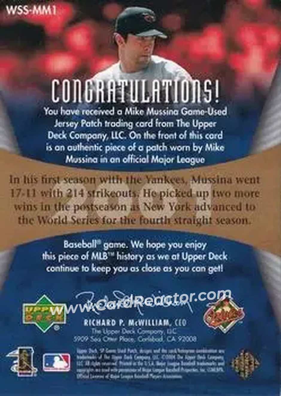 2004 SP Game Used Patch - World Series Stars #WSS-MM1 - Mike Mussina - Baltimore Orioles - Back