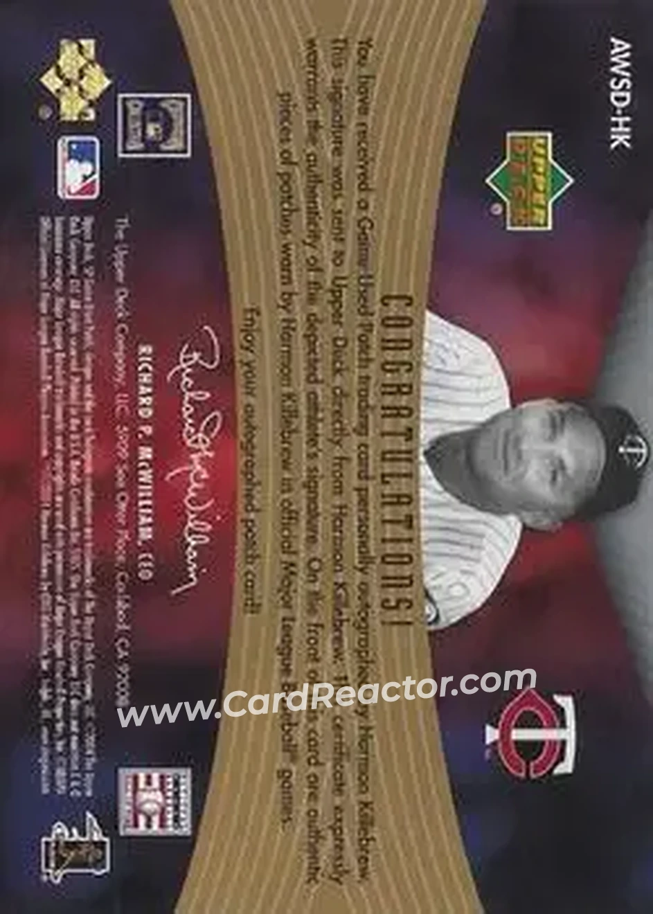 2004 SP Game Used Patch - World Series Stars Autograph Dual #HK - Harmon Killebrew - Minnesota Twins - Back