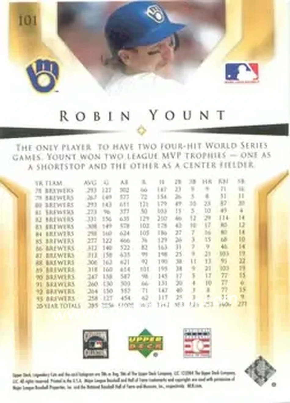 2004 SP Legendary Cuts #101 - Robin Yount - Milwaukee Brewers - Back