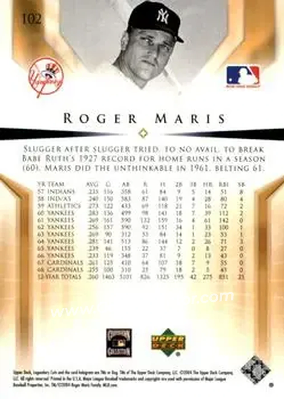 2004 SP Legendary Cuts #102 - Roger Maris - New York Yankees - Back