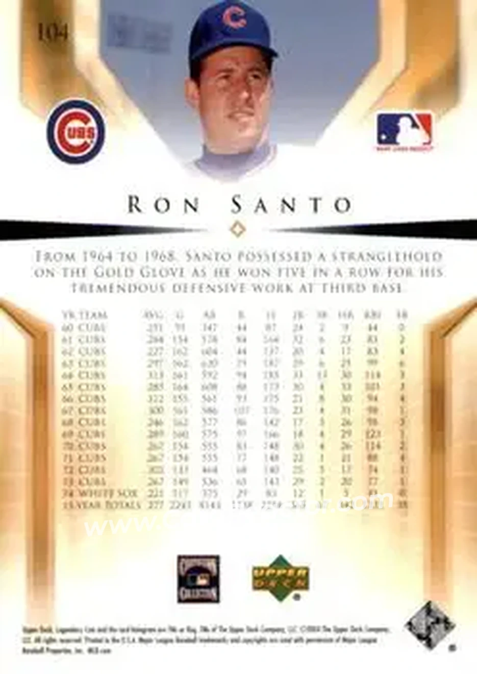 2004 SP Legendary Cuts #104 - Ron Santo - Chicago Cubs - Back