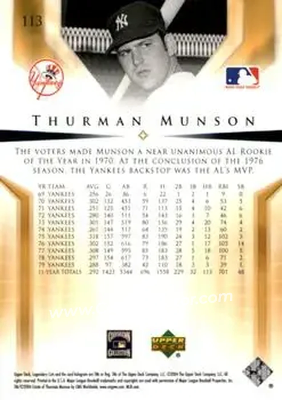 2004 SP Legendary Cuts #113 - Thurman Munson - New York Yankees - Back