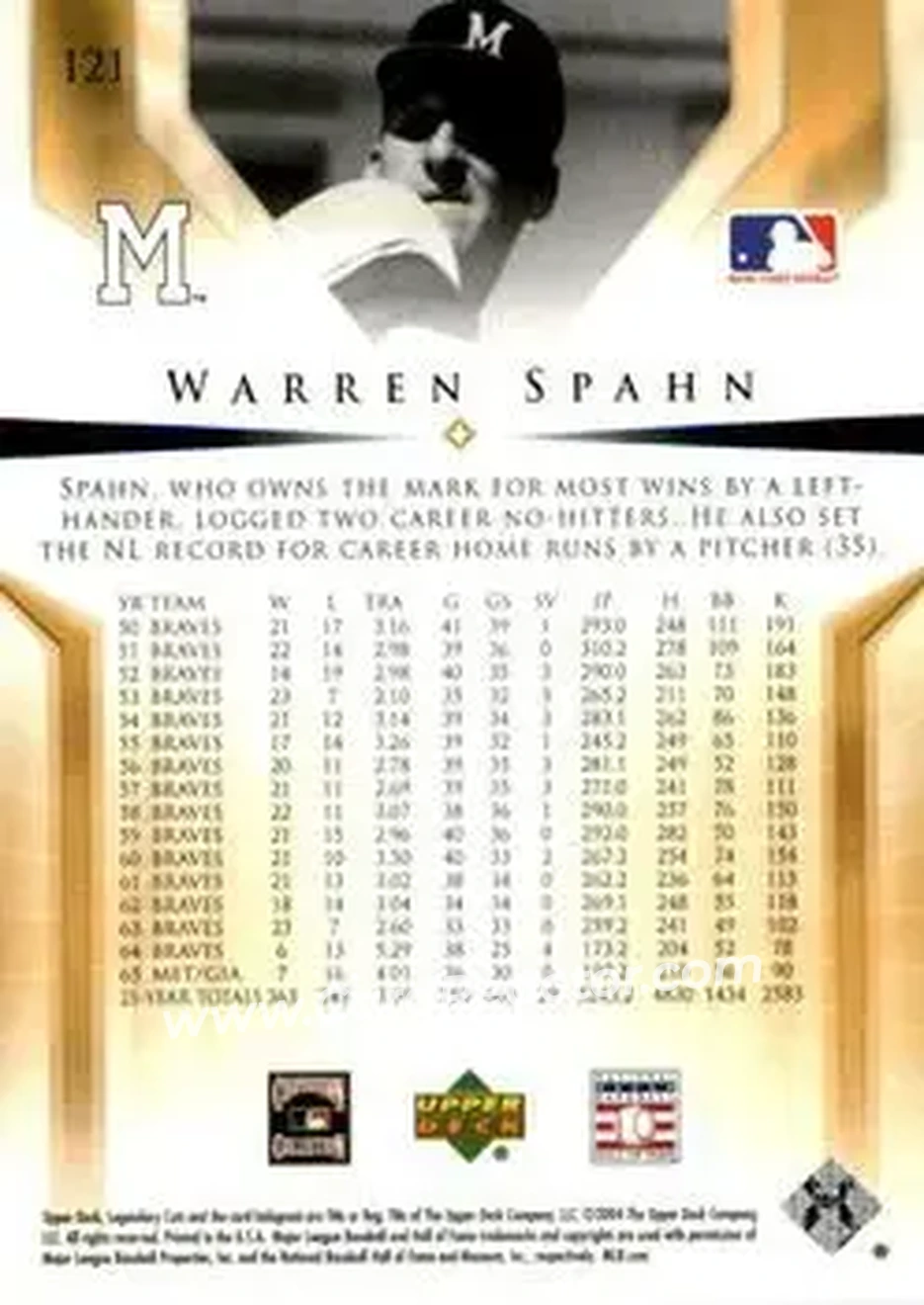 2004 SP Legendary Cuts #121 - Warren Spahn - Milwaukee Braves - Back