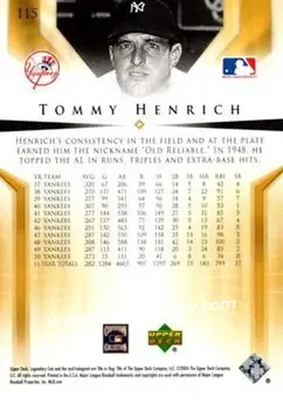 2004 SP Legendary Cuts #115 - Tommy Henrich - New York Yankees - Back