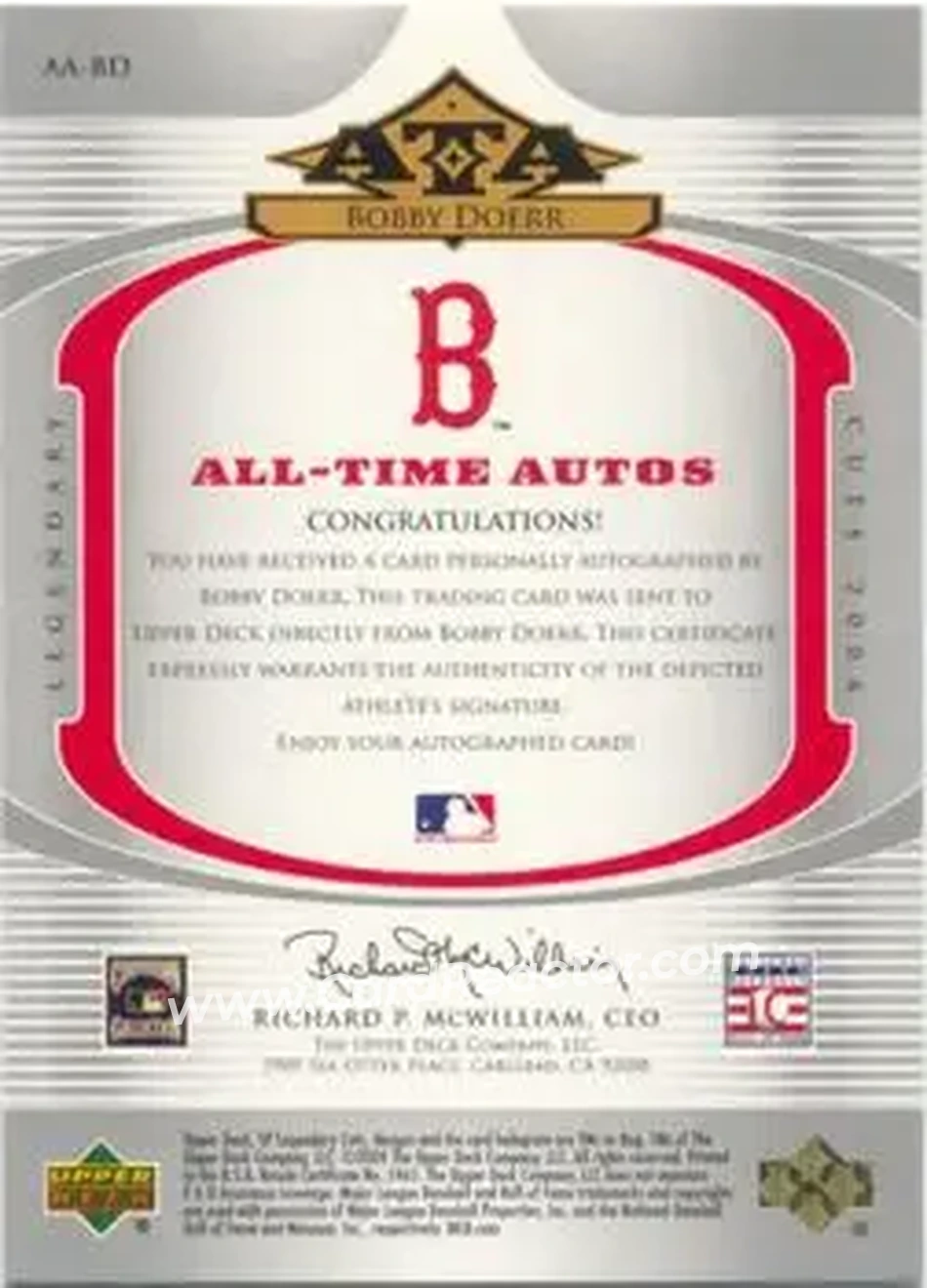 2004 SP Legendary Cuts - All-Time Autos #AA-BD - Bobby Doerr - Boston Red Sox - Back 2004 SP Legendary Cuts - All-Time Autos #AA-BD - Bobby Doerr - Boston Red Sox - Back