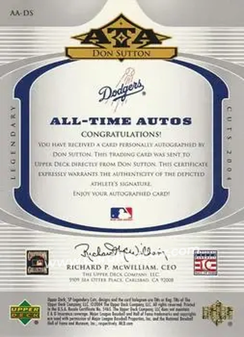 2004 SP Legendary Cuts - All-Time Autos #AA-DS - Don Sutton - Los Angeles Dodgers - Back