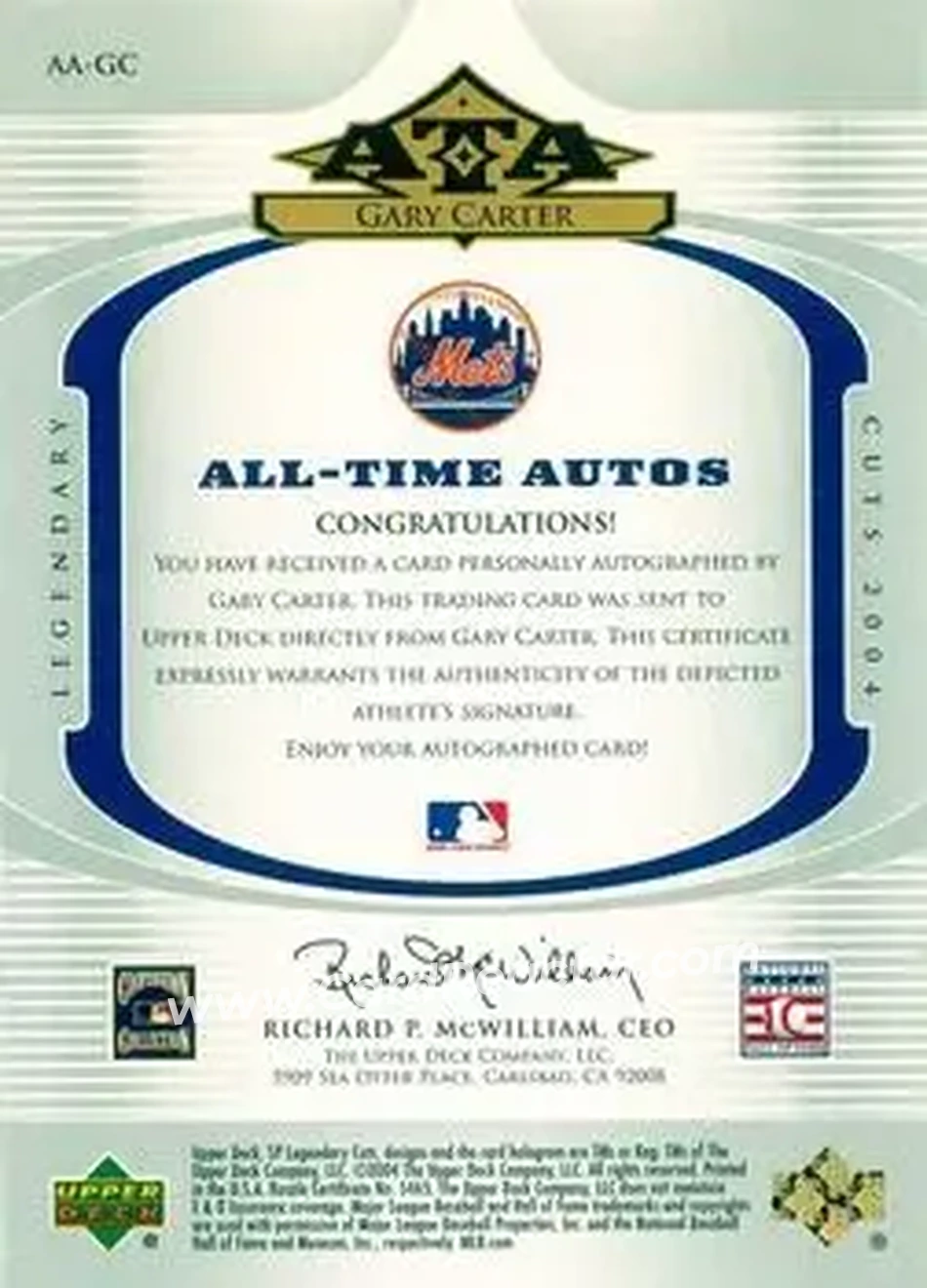 2004 SP Legendary Cuts - All-Time Autos #AA-GC - Gary Carter - New York Mets - Back