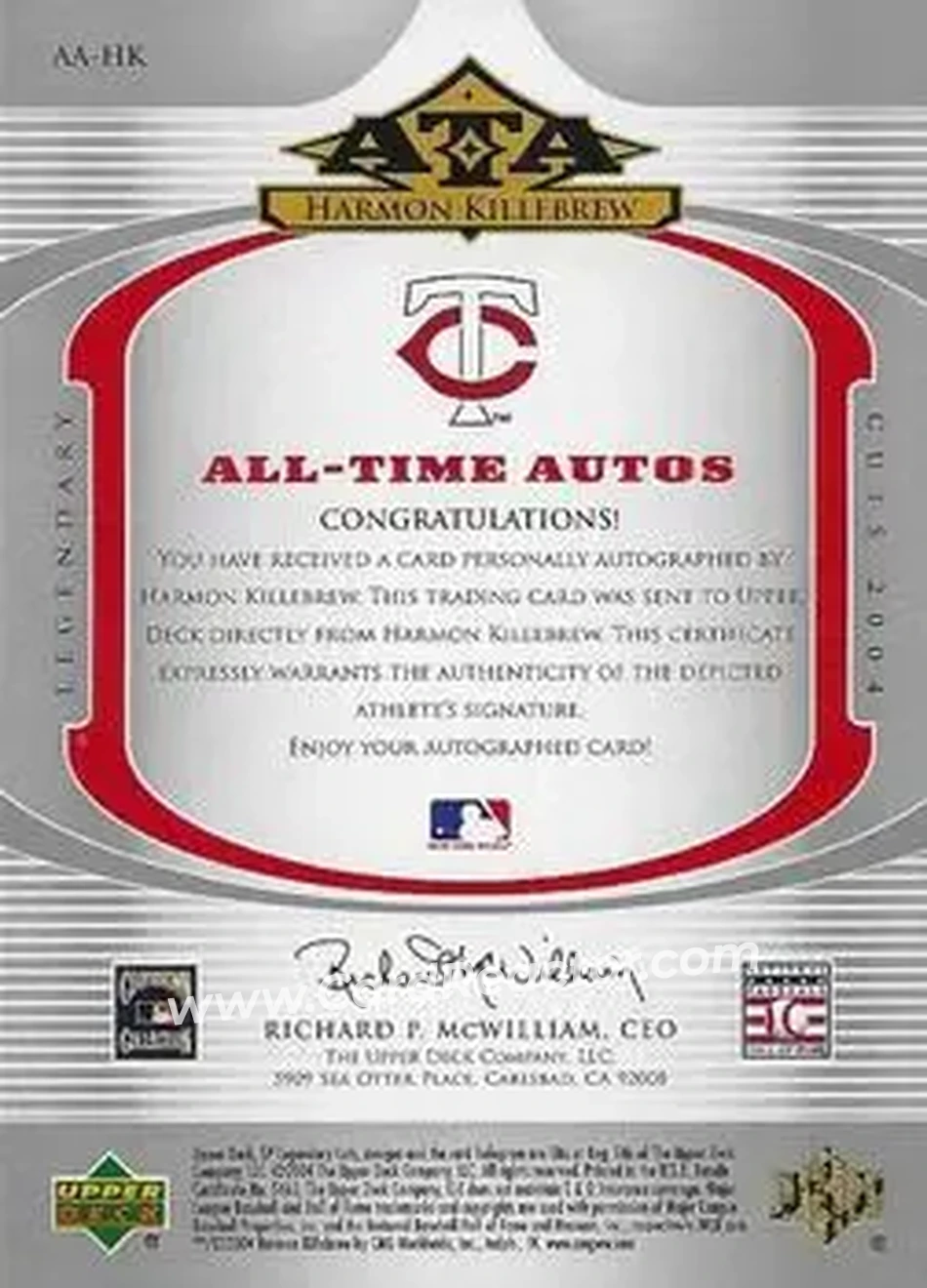 2004 SP Legendary Cuts - All-Time Autos #AA-HK - Harmon Killebrew - Minnesota Twins - Back